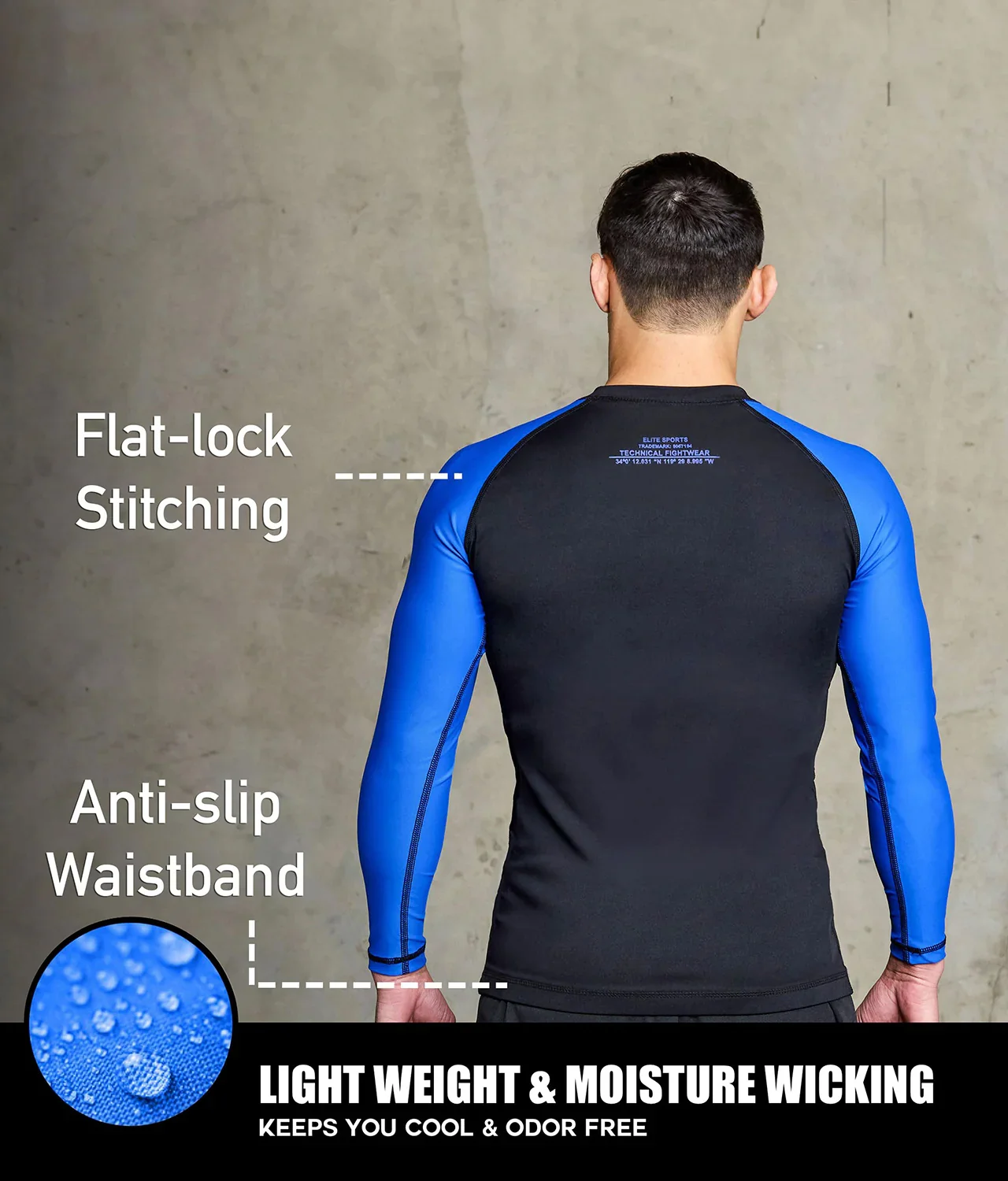 Standard Blue Long Sleeve No-Gi Mens BJJ Rash Guard - Image 4