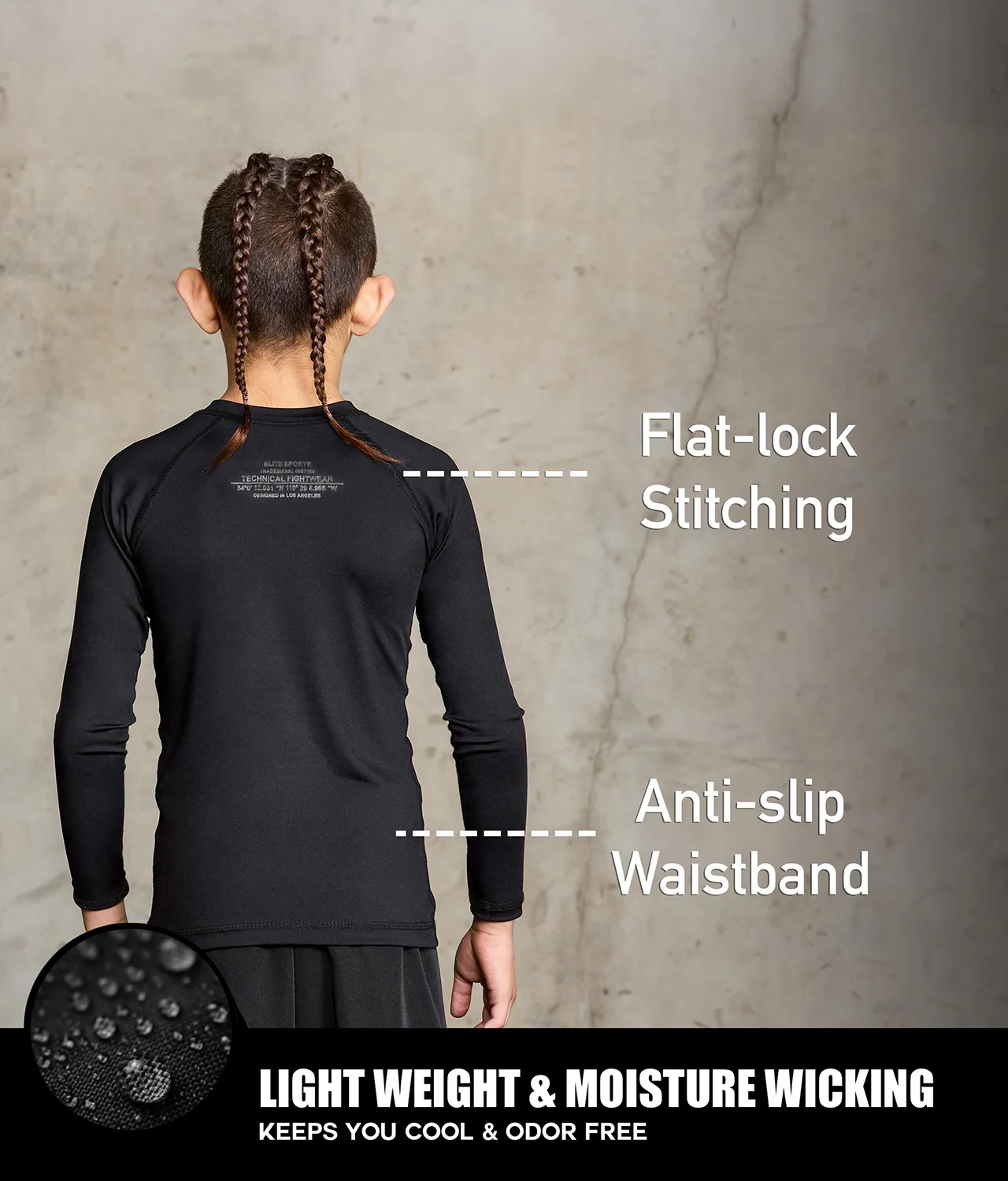 Standard Black Long Sleeve No-Gi Kids BJJ Rash Guard - Image 4