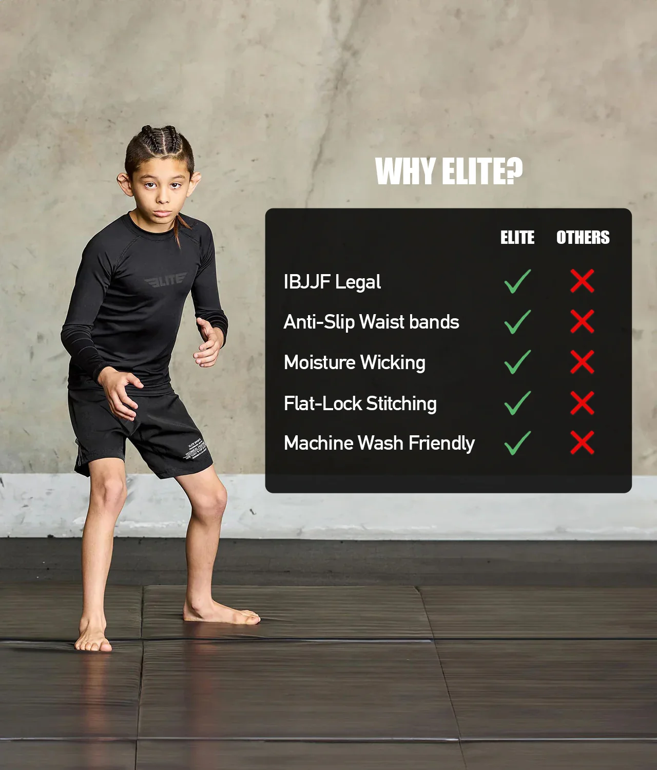 Standard Black Long Sleeve No-Gi Kids BJJ Rash Guard - Image 5