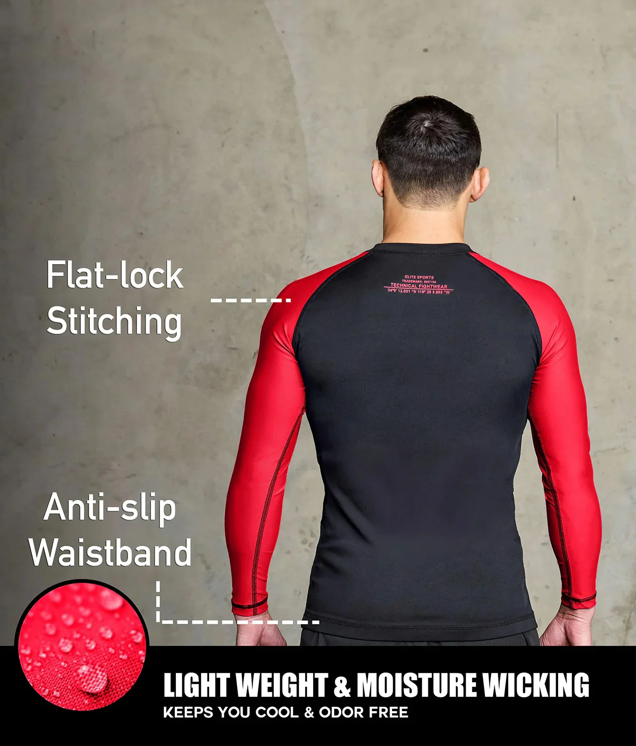 Standard Red Long Sleeve No-Gi Mens BJJ Rash Guard - Image 4