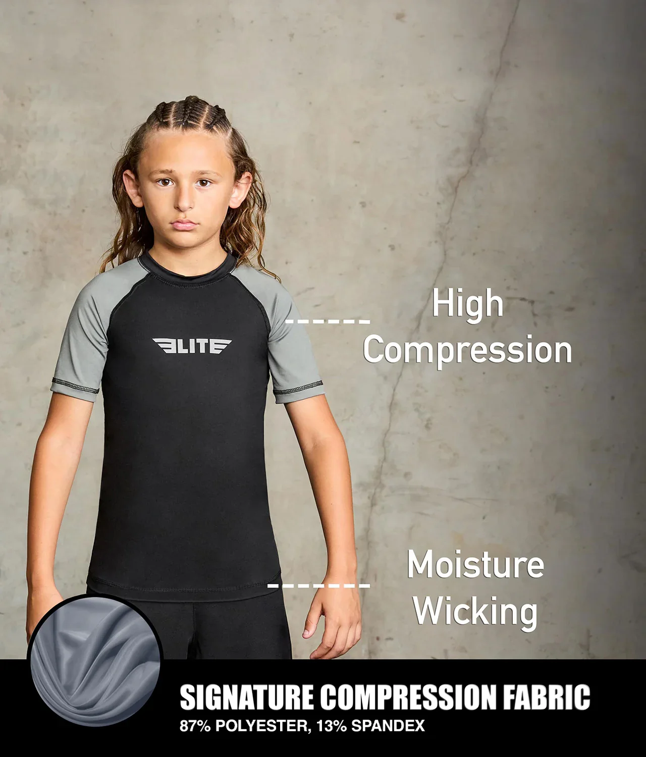 Standard Gray Short Sleeve No-Gi Kids BJJ Rash Guard - Image 2