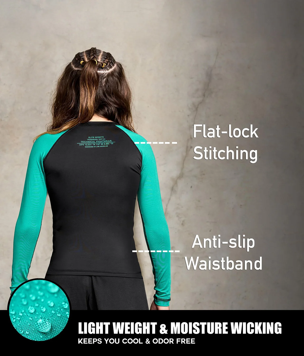 Standard Green Long Sleeve No-Gi Kids BJJ Rash Guard - Image 4