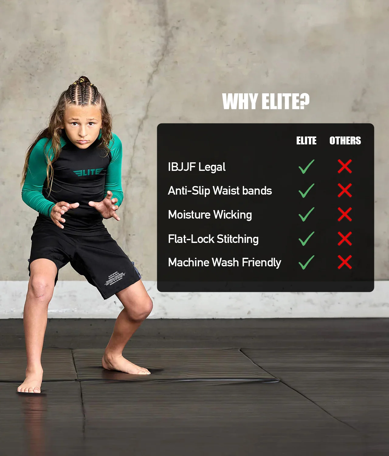 Standard Green Long Sleeve No-Gi Kids BJJ Rash Guard - Image 5