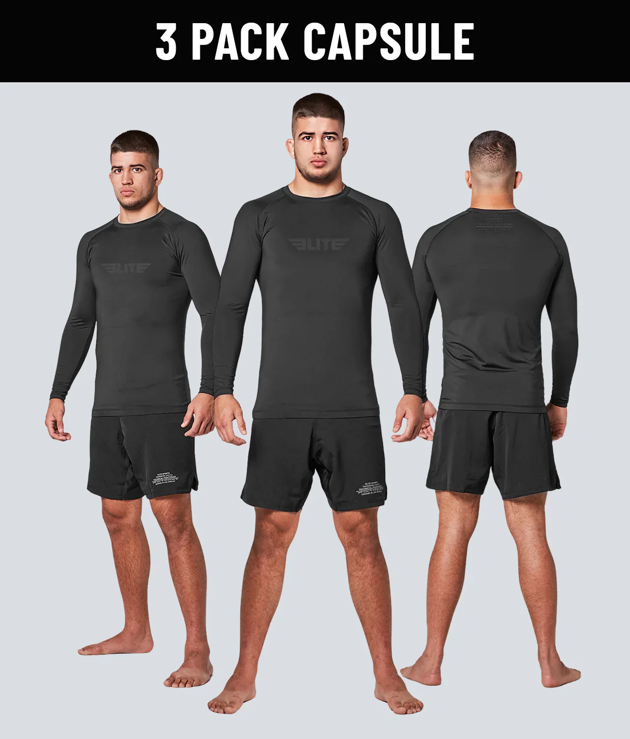 Standard Black Long Sleeve No-Gi Mens BJJ Rash Guard - (Pack of 3)