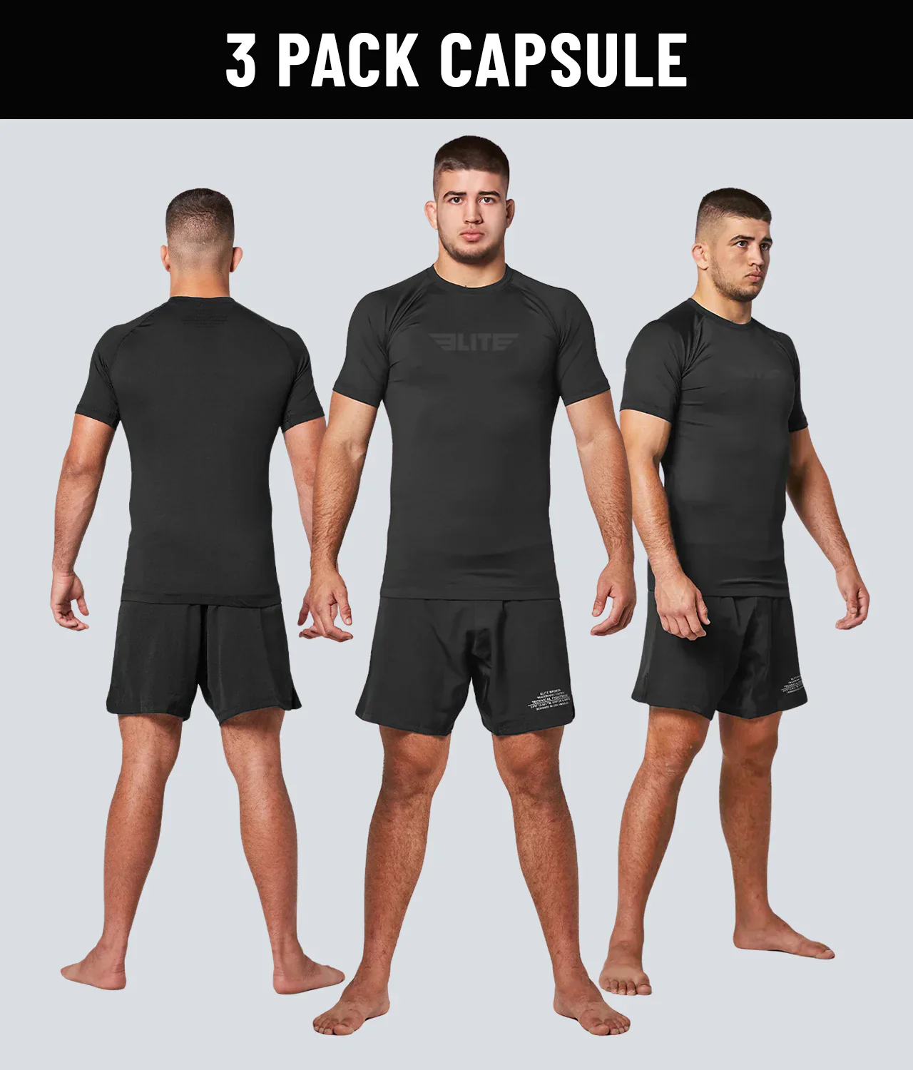 Standard Black Short Sleeve No-Gi Mens BJJ Rash Guard - (Pack of 3)