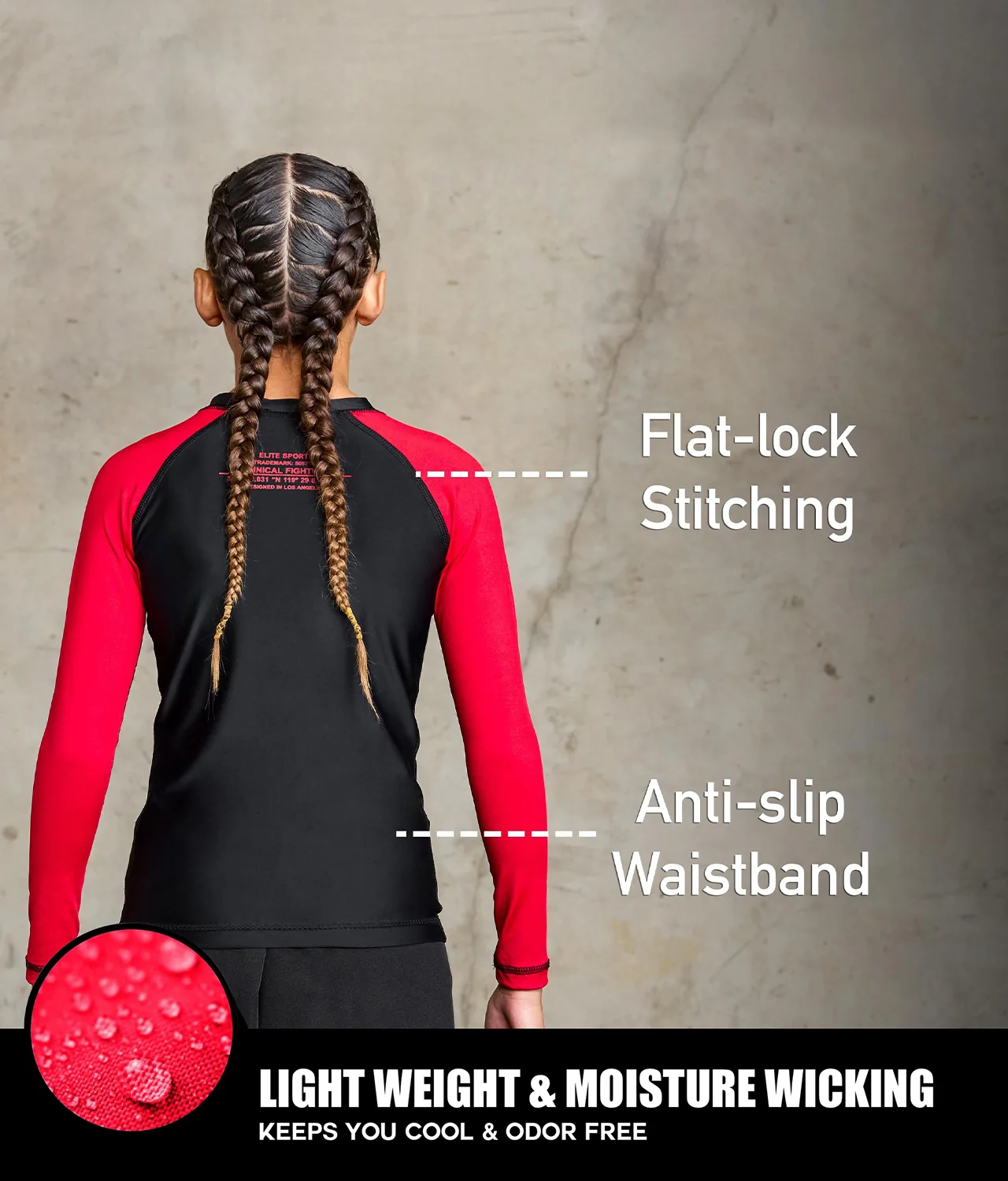 Standard Red Long Sleeve No-Gi Kids BJJ Rash Guard - Image 4