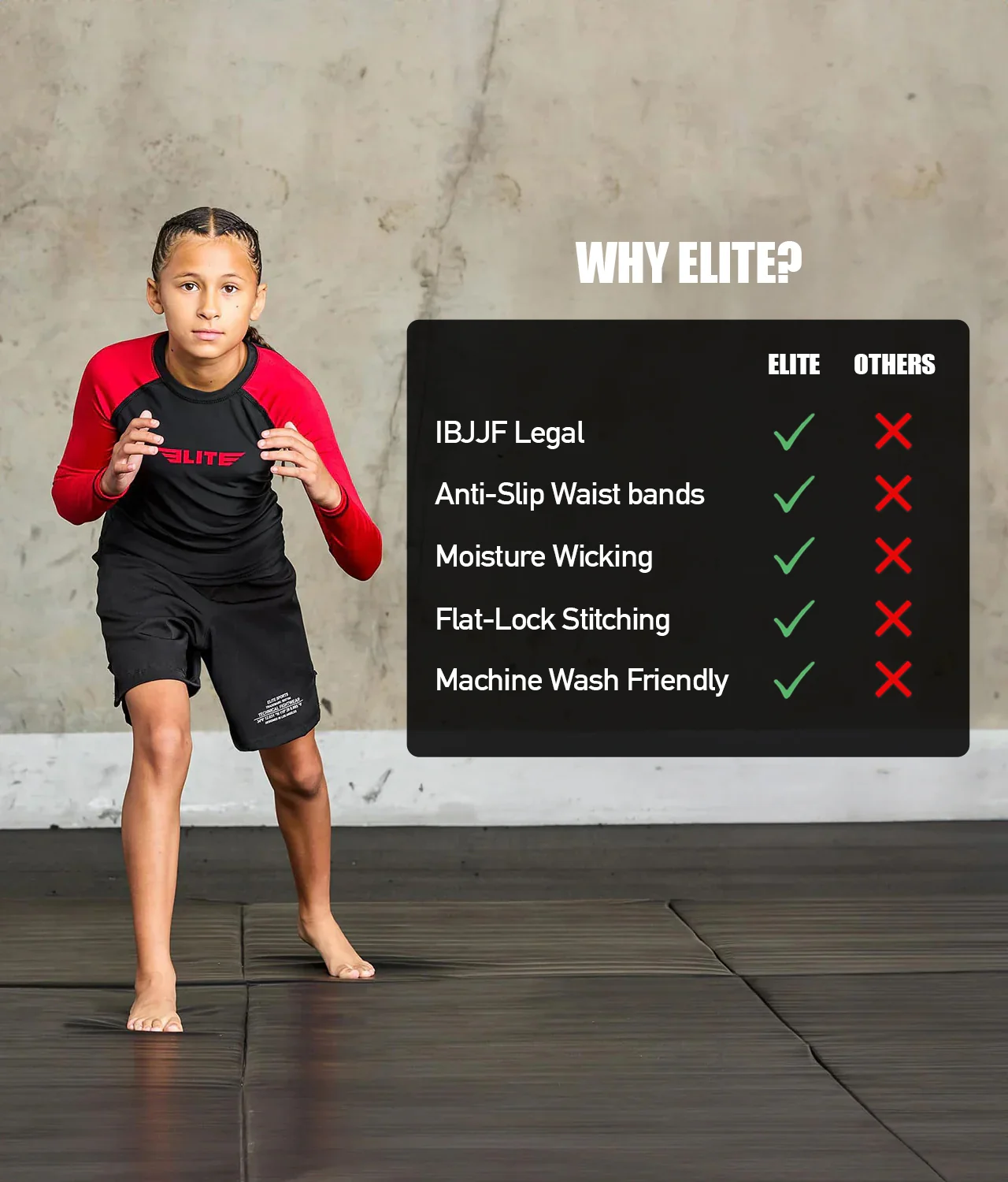 Standard Red Long Sleeve No-Gi Kids BJJ Rash Guard - Image 5