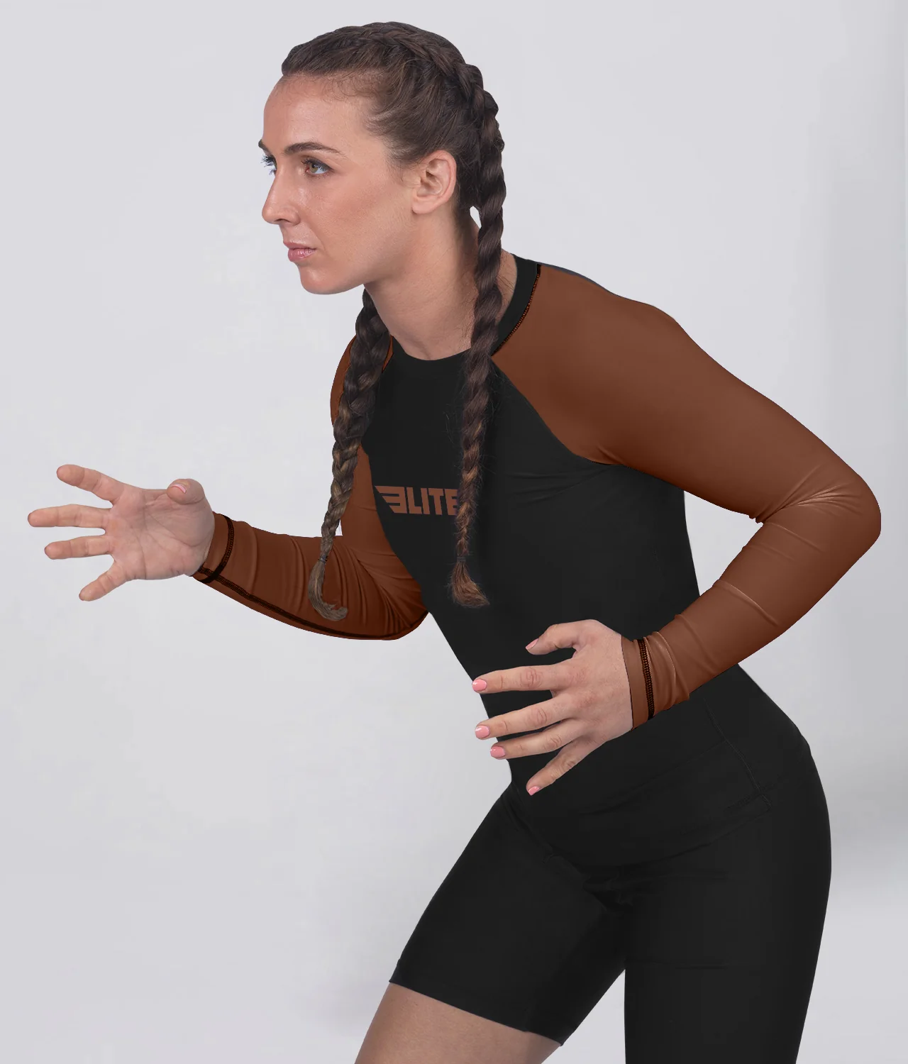 Standard Brown Long Sleeve No-Gi Womens BJJ Rash Guard - Image 4