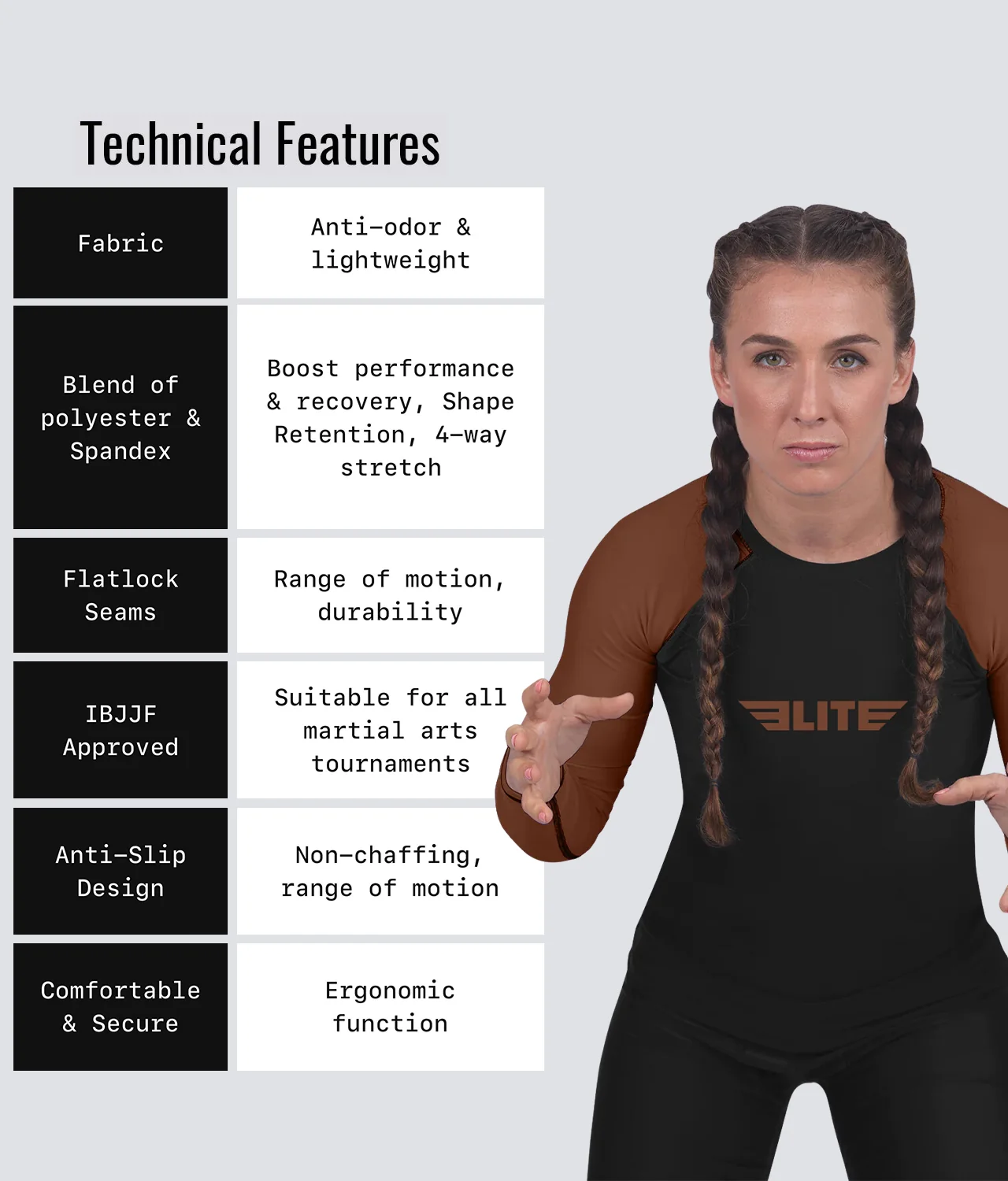Standard Brown Long Sleeve No-Gi Womens BJJ Rash Guard - Image 6