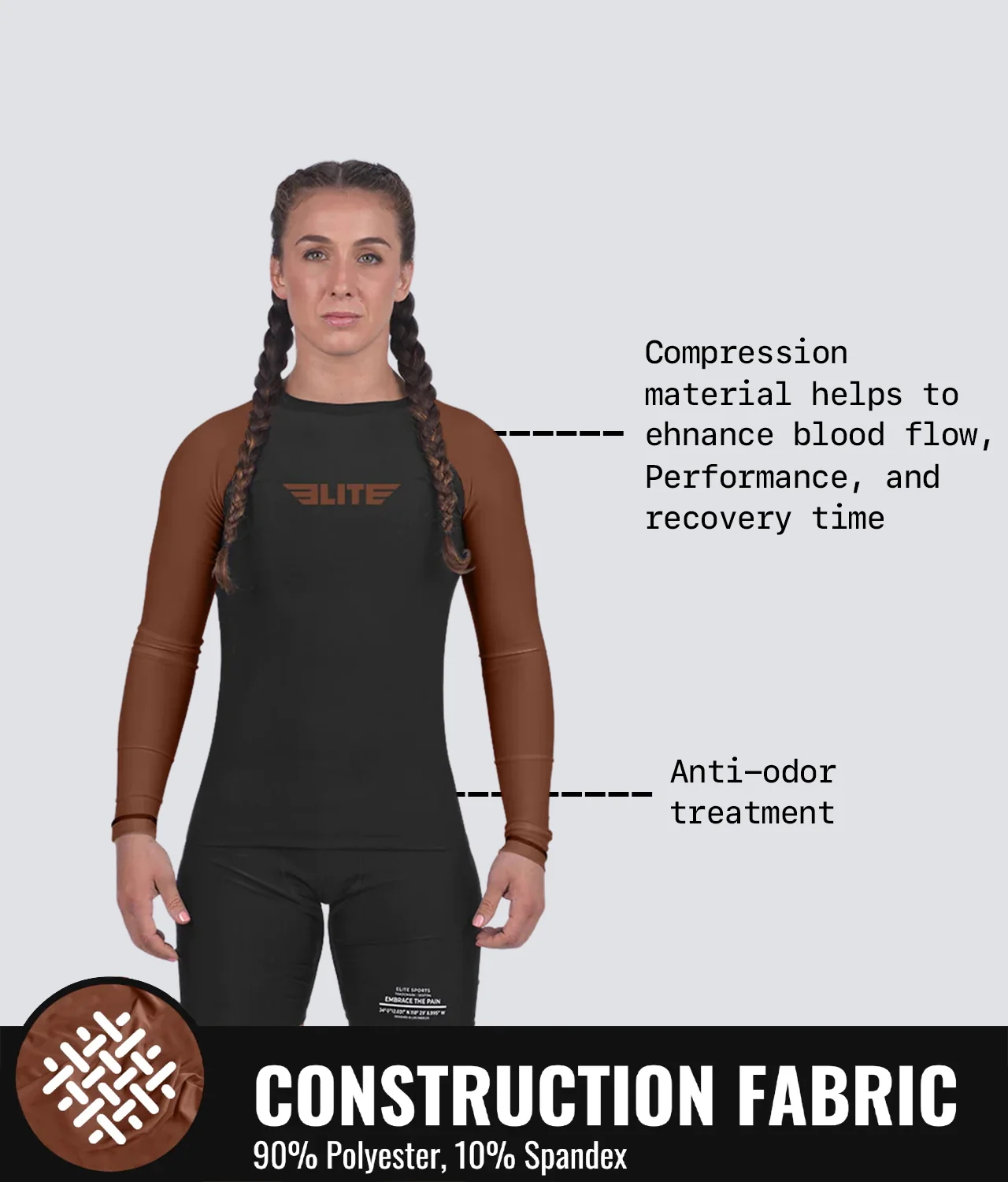 Standard Brown Long Sleeve No-Gi Womens BJJ Rash Guard - Image 8