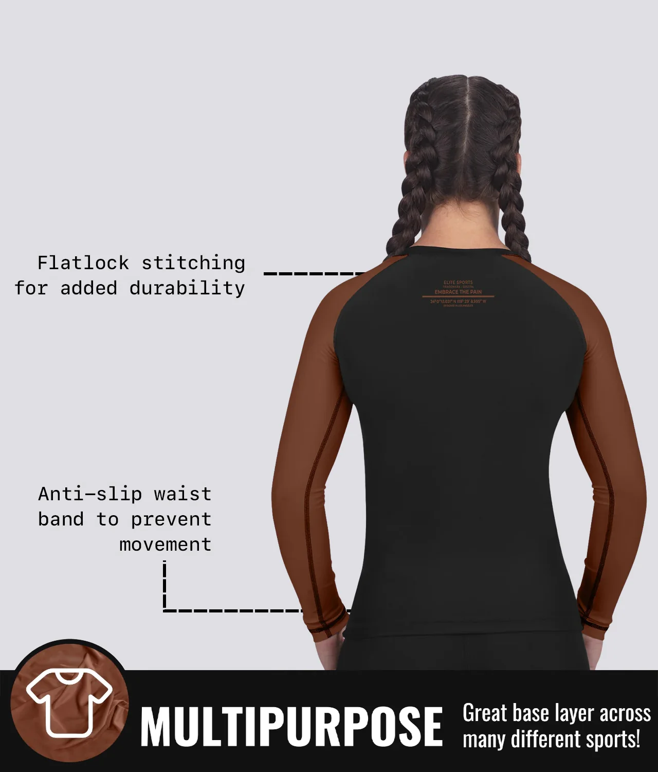 Standard Brown Long Sleeve No-Gi Womens BJJ Rash Guard - Image 9