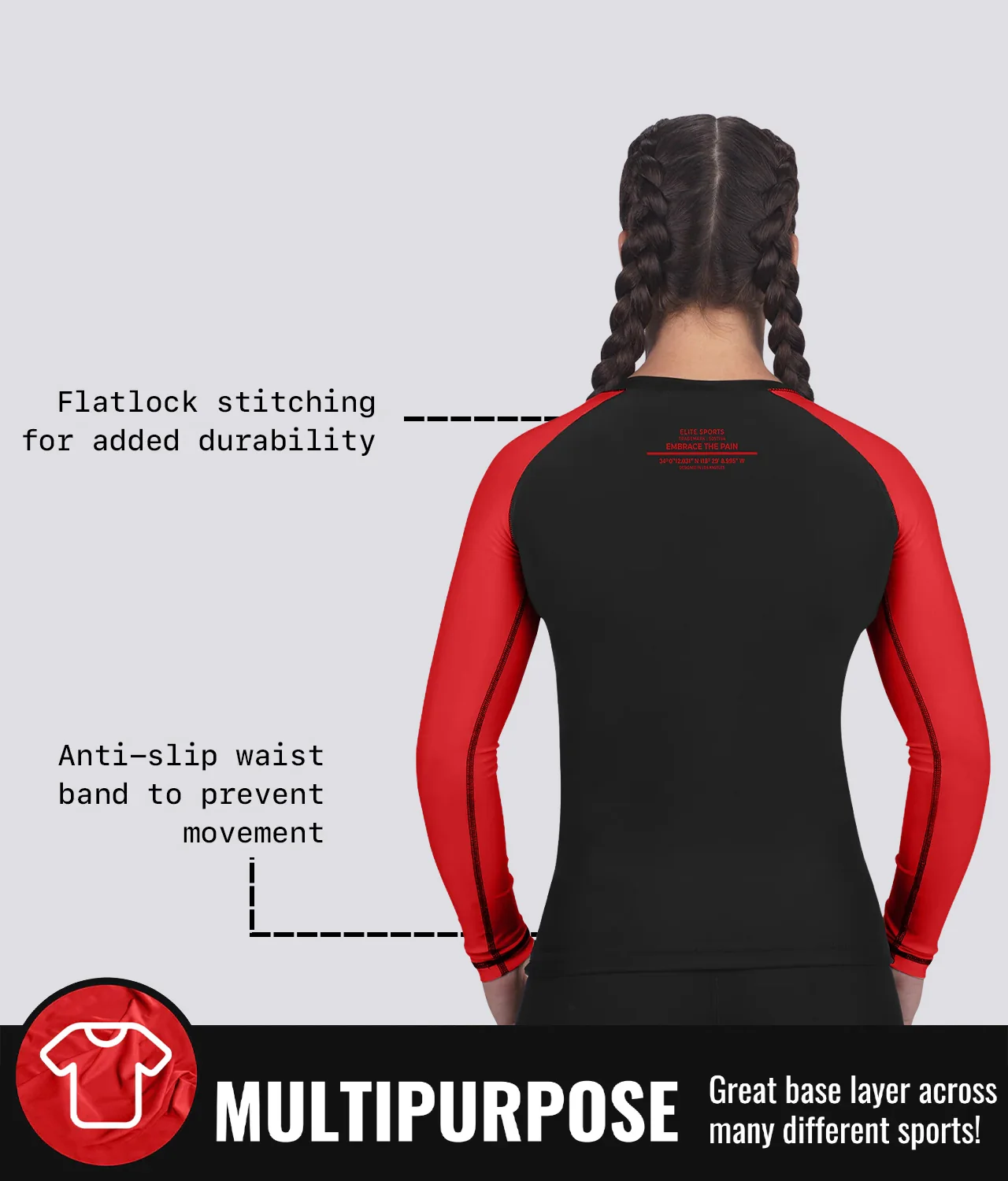 Standard Red Long Sleeve No-Gi Womens BJJ Rash Guard - Image 9